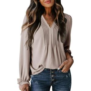 imageDokotoo Womens Tops Casual Pleated V Neck Puff Long Sleeve T Shirts Loose Tunic Business BlouseGray