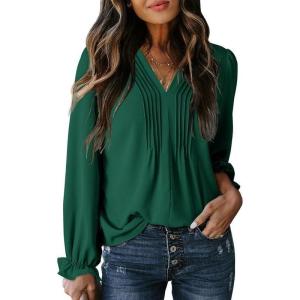 imageDokotoo Womens Tops Casual Pleated V Neck Puff Long Sleeve T Shirts Loose Tunic Business BlouseGreen