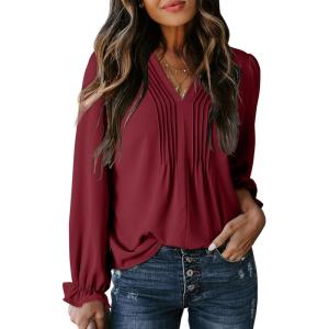 imageDokotoo Womens Tops Casual Pleated V Neck Puff Long Sleeve T Shirts Loose Tunic Business BlouseRed