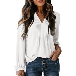 imageDokotoo Womens Tops Casual Pleated V Neck Puff Long Sleeve T Shirts Loose Tunic Business BlouseWhite
