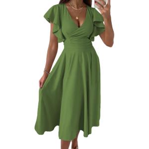 imageDokotoo Womens V Neck Elegant Party Dress Short Sleeve Skater Dress Wedding Guest DressesGrass Green