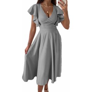 imageDokotoo Womens V Neck Elegant Party Dress Short Sleeve Skater Dress Wedding Guest DressesGray