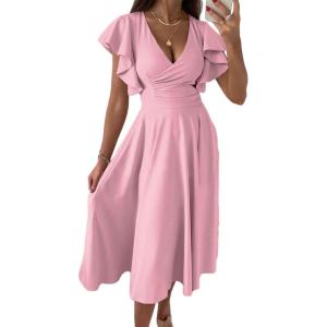 imageDokotoo Womens V Neck Elegant Party Dress Short Sleeve Skater Dress Wedding Guest DressesPink