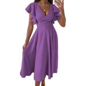 imageDokotoo Womens V Neck Elegant Party Dress Short Sleeve Skater Dress Wedding Guest DressesPurple