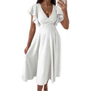imageDokotoo Womens V Neck Elegant Party Dress Short Sleeve Skater Dress Wedding Guest DressesWhite