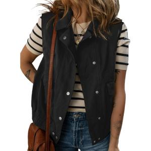 imageDokotoo Womens Vests Outerwear ButtonDown Lapel Collar Elastic Hem Lightweight Spring Waistcoat Sleeveless Jacket Cargo VestBlack