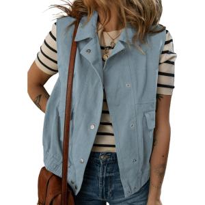 imageDokotoo Womens Vests Outerwear ButtonDown Lapel Collar Elastic Hem Lightweight Spring Waistcoat Sleeveless Jacket Cargo VestBlue