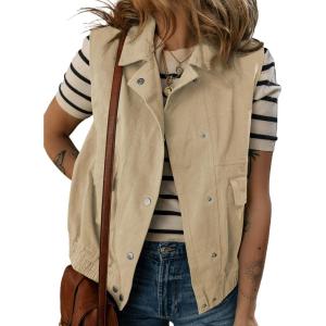 imageDokotoo Womens Vests Outerwear ButtonDown Lapel Collar Elastic Hem Lightweight Spring Waistcoat Sleeveless Jacket Cargo VestKhaki