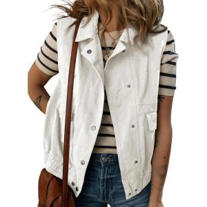imageDokotoo Womens Vests Outerwear ButtonDown Lapel Collar Elastic Hem Lightweight Spring Waistcoat Sleeveless Jacket Cargo VestWhite