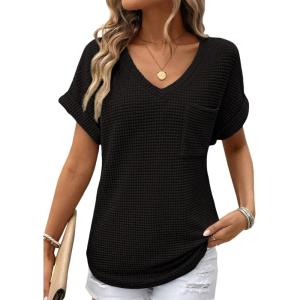 imageDokotoo Womens Waffle Knit Tops 2025 Fall Summer V Neck Shirts Casual Trendy Womens Blouses Basic TeeA Black