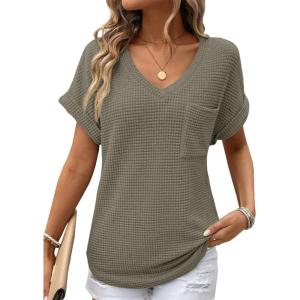 imageDokotoo Womens Waffle Knit Tops 2025 Fall Summer V Neck Shirts Casual Trendy Womens Blouses Basic TeeA Four Leaf Clover