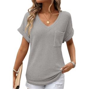 imageDokotoo Womens Waffle Knit Tops 2025 Fall Summer V Neck Shirts Casual Trendy Womens Blouses Basic TeeA Gray