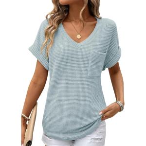 imageDokotoo Womens Waffle Knit Tops 2025 Fall Summer V Neck Shirts Casual Trendy Womens Blouses Basic TeeA Iceland Blue