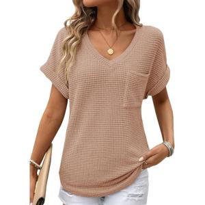 imageDokotoo Womens Waffle Knit Tops 2025 Fall Summer V Neck Shirts Casual Trendy Womens Blouses Basic TeeA Light French Beige