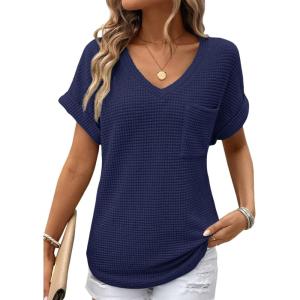 imageDokotoo Womens Waffle Knit Tops 2025 Fall Summer V Neck Shirts Casual Trendy Womens Blouses Basic TeeA Navy Blue