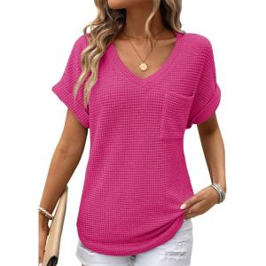 imageDokotoo Womens Waffle Knit Tops 2025 Fall Summer V Neck Shirts Casual Trendy Womens Blouses Basic TeeA Rose Red