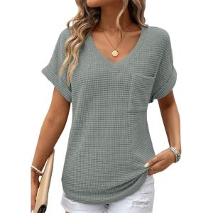 imageDokotoo Womens Waffle Knit Tops 2025 Fall Summer V Neck Shirts Casual Trendy Womens Blouses Basic TeeA Seagrass
