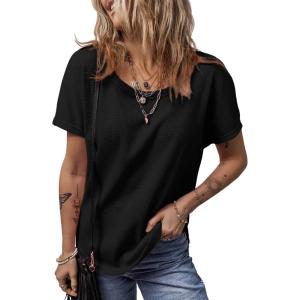 imageDokotoo Womens Waffle Knit Tops 2025 Fall Summer V Neck Shirts Casual Trendy Womens Blouses Basic TeeBlack 01