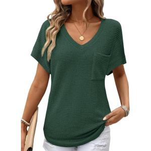 imageDokotoo Womens Waffle Knit Tops 2025 Fall Summer V Neck Shirts Casual Trendy Womens Blouses Basic TeeBlackish Green