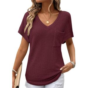 imageDokotoo Womens Waffle Knit Tops 2025 Fall Summer V Neck Shirts Casual Trendy Womens Blouses Basic TeeBurgundy