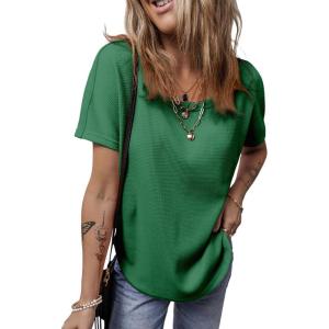 imageDokotoo Womens Waffle Knit Tops 2025 Fall Summer V Neck Shirts Casual Trendy Womens Blouses Basic TeeDark Green
