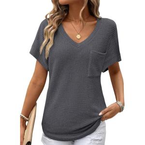 imageDokotoo Womens Waffle Knit Tops 2025 Fall Summer V Neck Shirts Casual Trendy Womens Blouses Basic TeeDark Grey