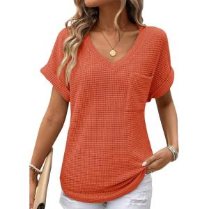 imageDokotoo Womens Waffle Knit Tops 2025 Fall Summer V Neck Shirts Casual Trendy Womens Blouses Basic TeeOrange