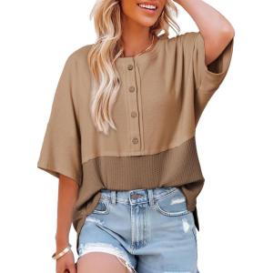 imageDokotoo Womens Waffle Knit Tops 2025 Fashion 34 Sleeve Casual Button Down Shirts Crew Neck Oversized Patchwork BlousesBeige
