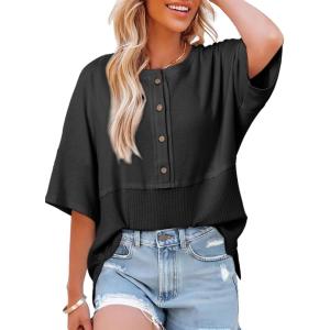imageDokotoo Womens Waffle Knit Tops 2025 Fashion 34 Sleeve Casual Button Down Shirts Crew Neck Oversized Patchwork BlousesBlack