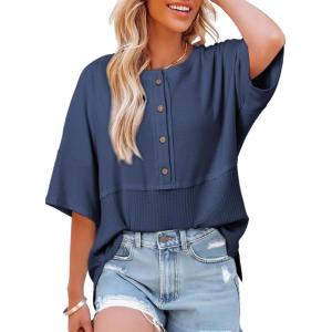 imageDokotoo Womens Waffle Knit Tops 2025 Fashion 34 Sleeve Casual Button Down Shirts Crew Neck Oversized Patchwork BlousesBlue