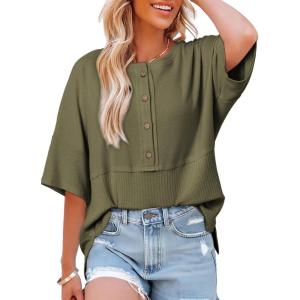 imageDokotoo Womens Waffle Knit Tops 2025 Fashion 34 Sleeve Casual Button Down Shirts Crew Neck Oversized Patchwork BlousesGreen