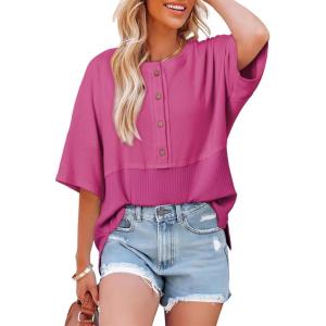 imageDokotoo Womens Waffle Knit Tops 2025 Fashion 34 Sleeve Casual Button Down Shirts Crew Neck Oversized Patchwork BlousesHot Pink