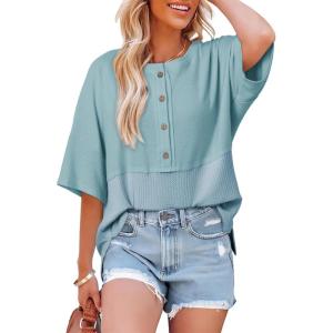 imageDokotoo Womens Waffle Knit Tops 2025 Fashion 34 Sleeve Casual Button Down Shirts Crew Neck Oversized Patchwork BlousesSky Blue