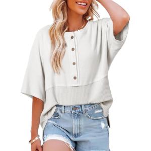 imageDokotoo Womens Waffle Knit Tops 2025 Fashion 34 Sleeve Casual Button Down Shirts Crew Neck Oversized Patchwork BlousesWhite