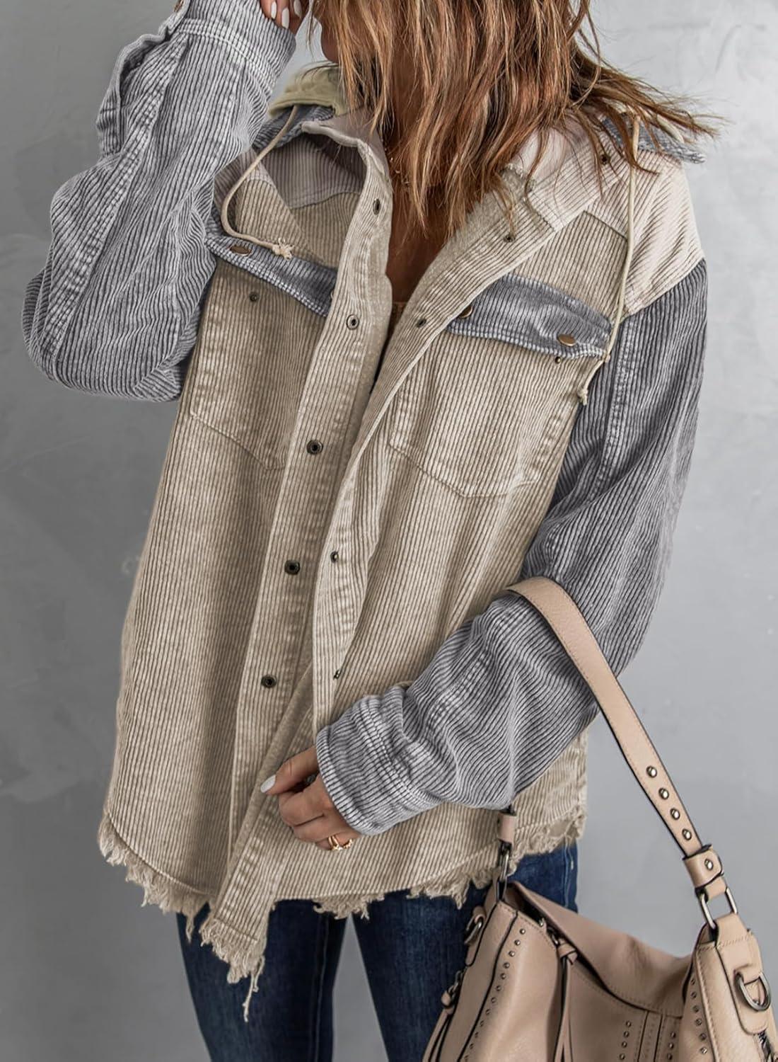 imageDokotoo Womens 2025 Fall Corduroy Shacket Jacket Long Sleeve Button Down Color Block Hooded Coat with PocketsMulticolor