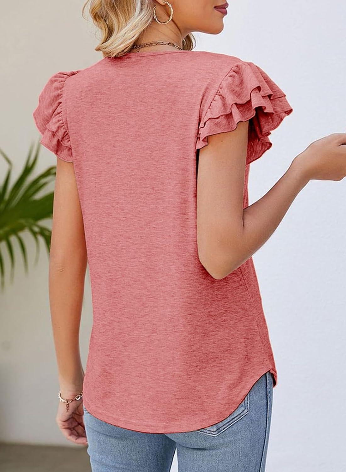 imageDokotoo Womens Casual Ruffle Short Sleeve Tops Cute Solid Color Knit Ribbed T Shirts BlousesAcoral Paradise