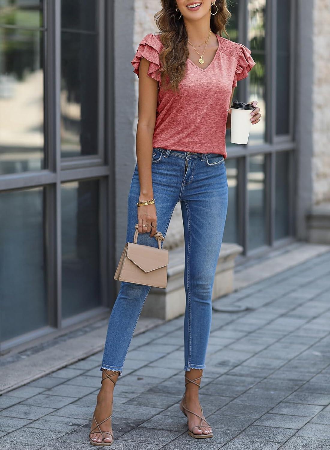imageDokotoo Womens Casual Ruffle Short Sleeve Tops Cute Solid Color Knit Ribbed T Shirts BlousesAcoral Paradise