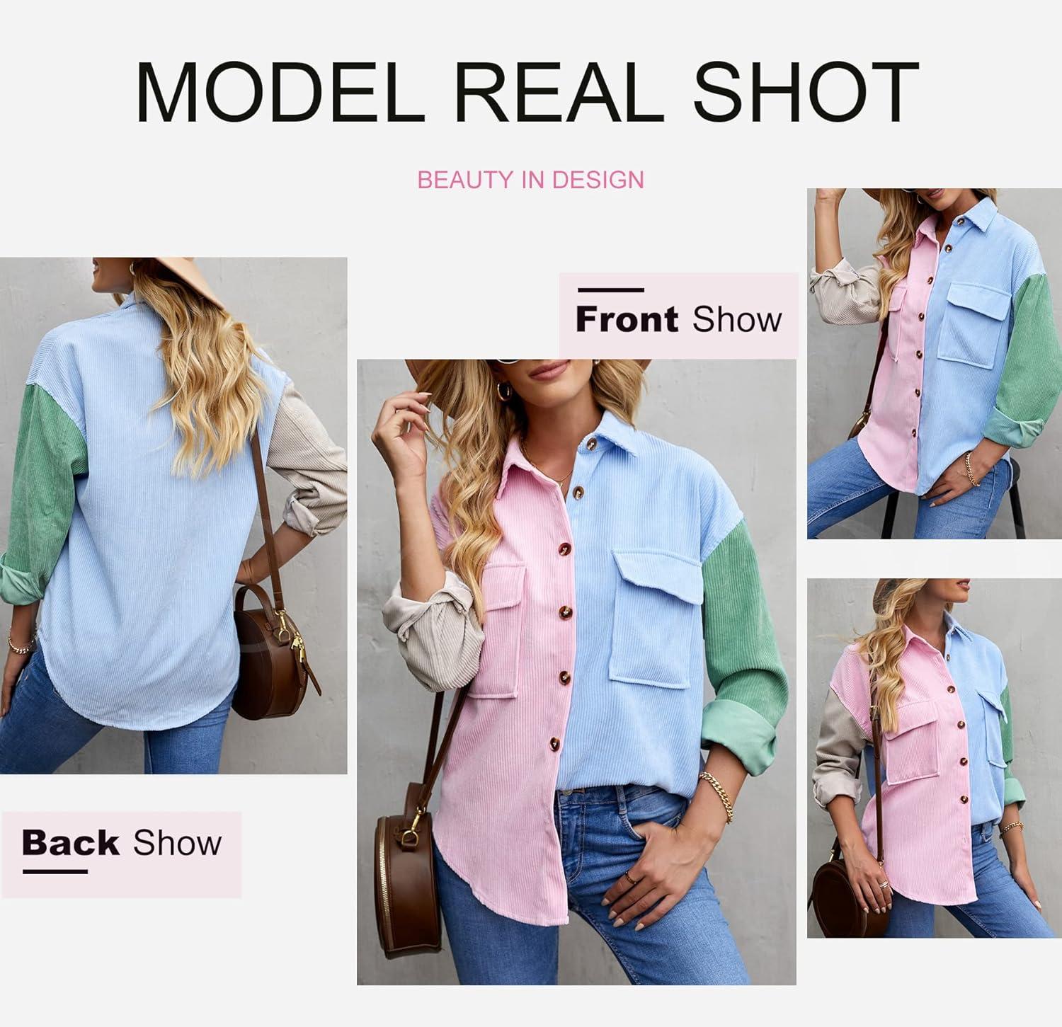 imageDokotoo Womens Corduroy Button Down Shirts Boyfriend Long Sleeve Oversized Blouses TopsC Multicolor