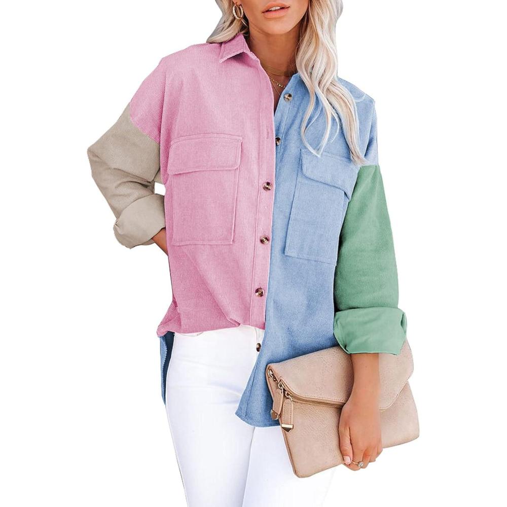 imageDokotoo Womens Corduroy Button Down Shirts Boyfriend Long Sleeve Oversized Blouses TopsC Multicolor