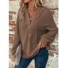 imageDokotoo Hoodies for Women Waffle Knit Long Sleeve Drawstring Button V Neck Casual Pullover Sweatshirt Hooded TopsBrown