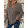 imageDokotoo Hoodies for Women Waffle Knit Long Sleeve Drawstring Button V Neck Casual Pullover Sweatshirt Hooded TopsGrey