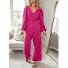 imageDokotoo Lantern Long Sleeve Jumpsuit Wrapped V Neck Elegant for Womens Dressy Casual 2024 Fall One Piece Romper OutfitsRose Red