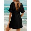 imageDokotoo Swimsuit Coverup for Women Hollow Out V Neck Short Sleeve Bathing Suit Bikini Beach Cover Ups Mini DressBlack