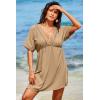 imageDokotoo Swimsuit Coverup for Women Hollow Out V Neck Short Sleeve Bathing Suit Bikini Beach Cover Ups Mini DressKhaki