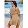 imageDokotoo Swimsuit Coverup for Women Hollow Out V Neck Short Sleeve Bathing Suit Bikini Beach Cover Ups Mini DressKhaki