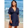 imageDokotoo Swimsuit Coverup for Women Hollow Out V Neck Short Sleeve Bathing Suit Bikini Beach Cover Ups Mini DressNavy