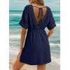 imageDokotoo Swimsuit Coverup for Women Hollow Out V Neck Short Sleeve Bathing Suit Bikini Beach Cover Ups Mini DressNavy