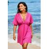 imageDokotoo Swimsuit Coverup for Women Hollow Out V Neck Short Sleeve Bathing Suit Bikini Beach Cover Ups Mini DressRosy