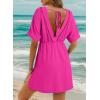 imageDokotoo Swimsuit Coverup for Women Hollow Out V Neck Short Sleeve Bathing Suit Bikini Beach Cover Ups Mini DressRosy