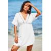 imageDokotoo Swimsuit Coverup for Women Hollow Out V Neck Short Sleeve Bathing Suit Bikini Beach Cover Ups Mini DressWhite